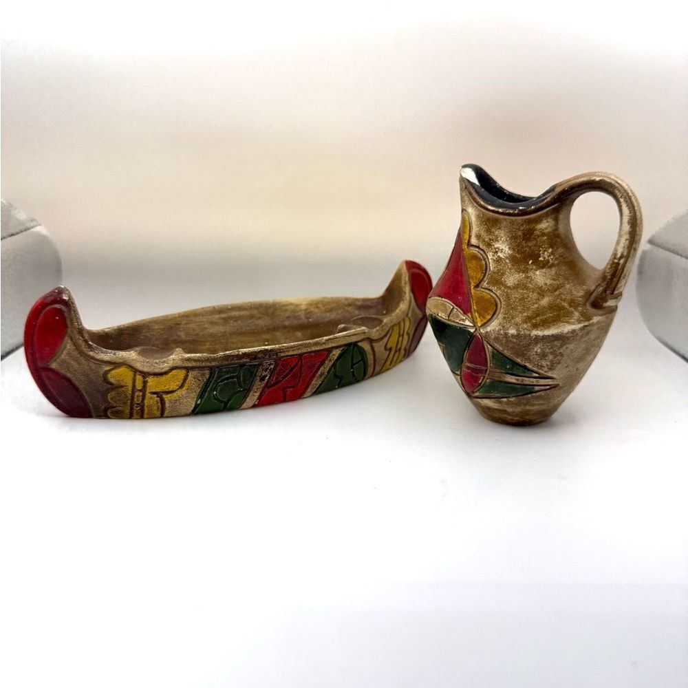 Vintage Ceramic Ash Tray Souvenir Canoe And Pitcher Chips As Photographed